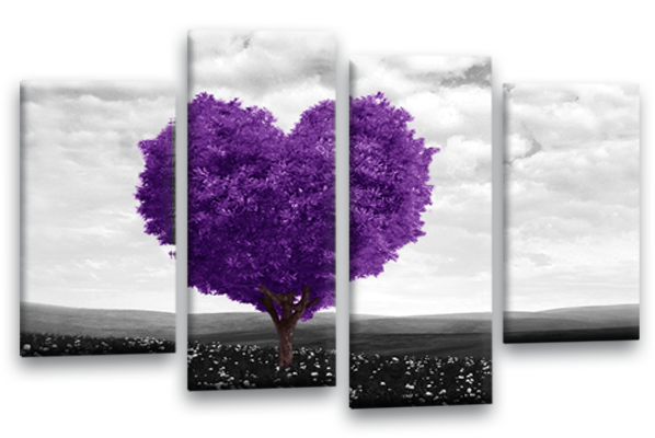 Purple grey black white abstract love heart tree canvas wall art multi panel