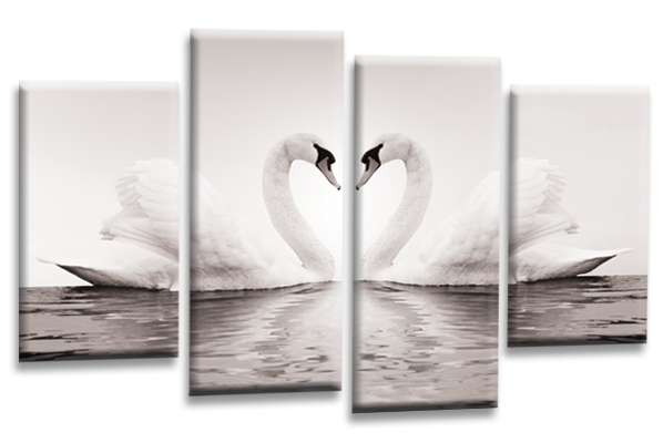 Grey White Black Love heart swans kissing canvas wall art multi panel picture print