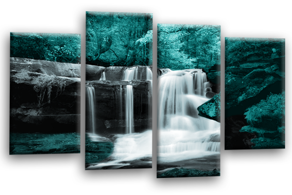 Teal grey Autumn forrest waterfall canvas wall art picture print multi panel