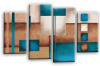 Cream grey teal abstract check multi panel canvas wall art picture print
